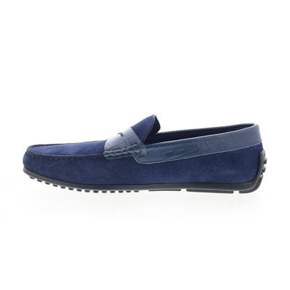 Zelli Italia Monza Calf Suede Embossed Crocodile Mens Blue Loafers Shoes